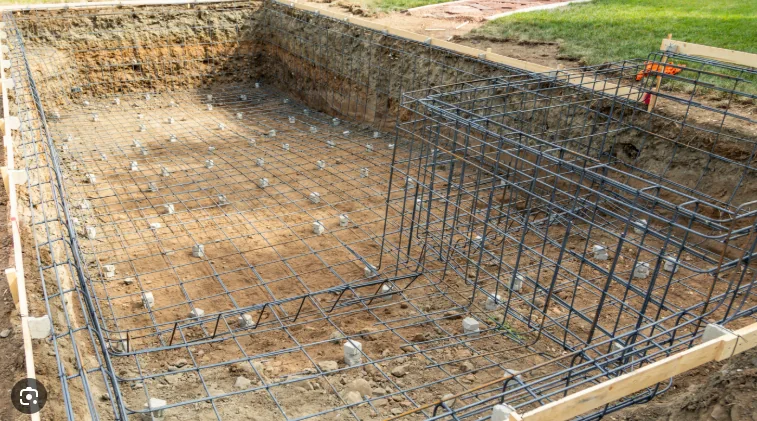 Reinforced concrete pool structure showing steel reinforcement